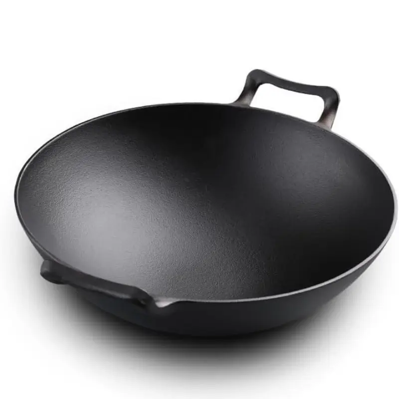 1 Count Cast Iron Wok with Handles, Non Stick, Pre-Seasoned Woks & Stir-Fry Pans with 2 Loop Handles, Uncoated Handmade Cast Iron wok, Suitable for All Cooktops, Cast Iron Cookware
