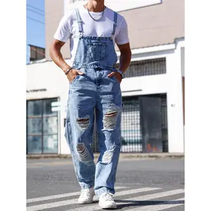 Men's Blue Vintage Washed Ripped Cotton Denim Overalls - Soft Breathable Fabric, Adjustable Straps, Stylish Versatile Design, Ideal for Outdoor Work & Casual Streetwear, Pair with Tops & Sneakers