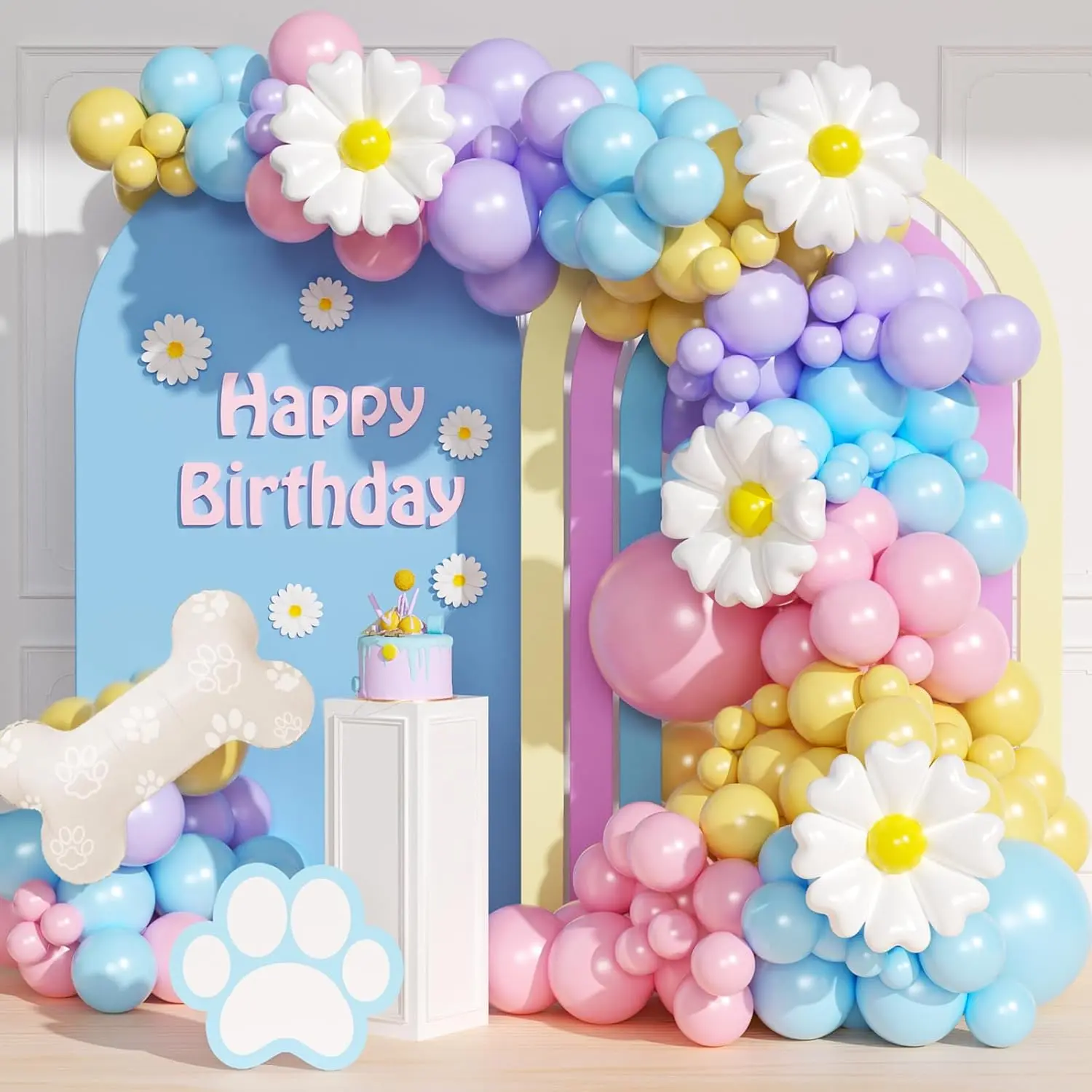 161Pcs Pastel Balloons Arch Kit, Dog Paw Birthday Decorations with Pastel Pink Yellow Blue Purple Daisy Dog Bone Balloons for Theme Shower Blue Birthday Party Decorations