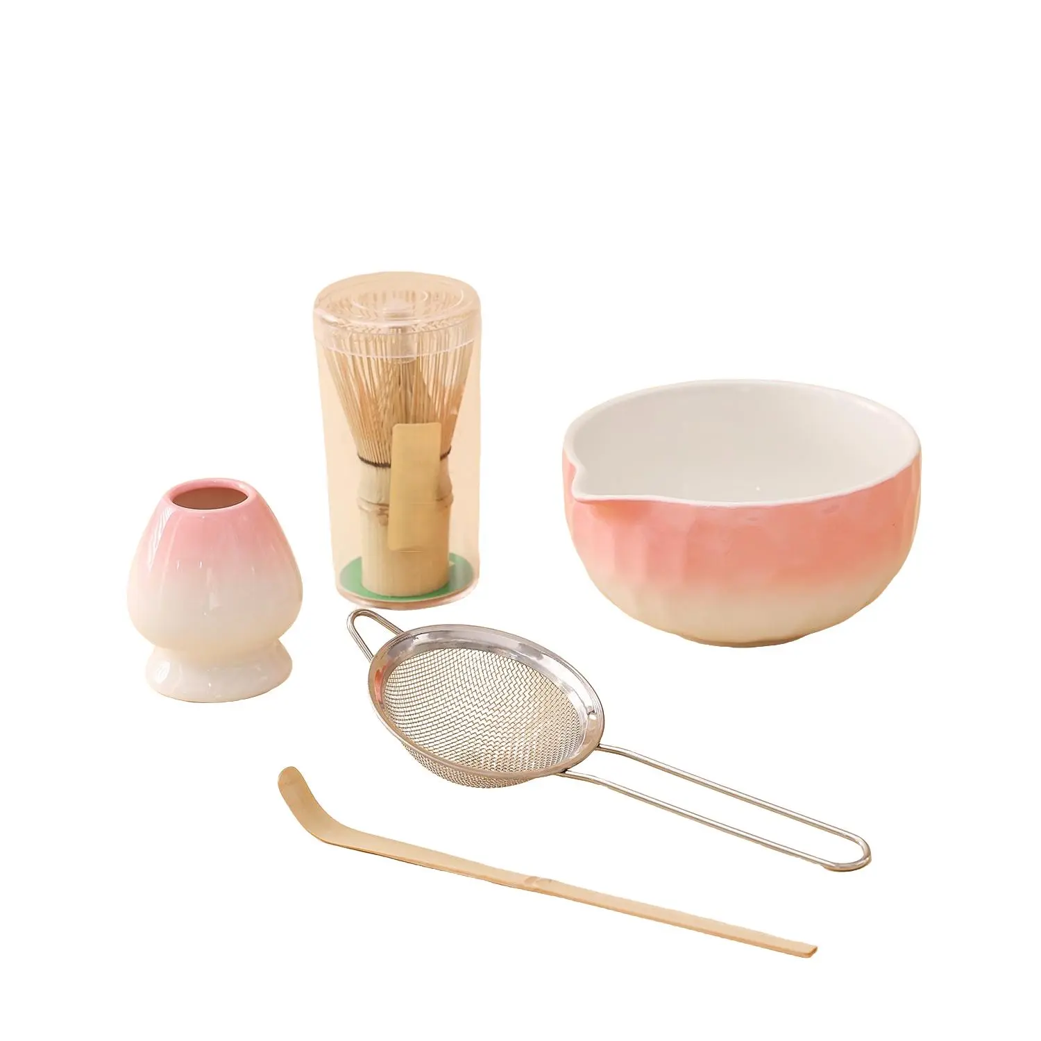 Matcha Whisk Set Kit (5 Pieces), Includes Ceramic Bowl, Bamboo Whisk For Matcha Tea, Measuring Spoon, Sieve, Convenient Home Tea Making Tools