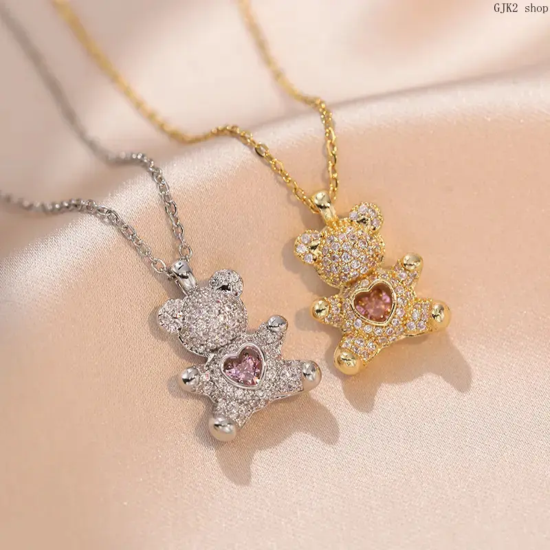 Women's 2-Pcs Heart-Hug Bear Pendant Necklaces, Blush Pink Sparkling Micro-Paved Zircon Clavicle Chains, Adjustable Dainty Trendy Costume Jewelry, Sweet Gifts for Girls, All-Season, Father's Day Gifts, Gifts For Women, Animal