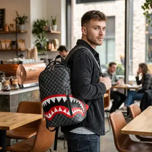Fashionable checkered backpack, lightweight commuting bag, shark mouth design, durable leather material, suitable for commuting to work