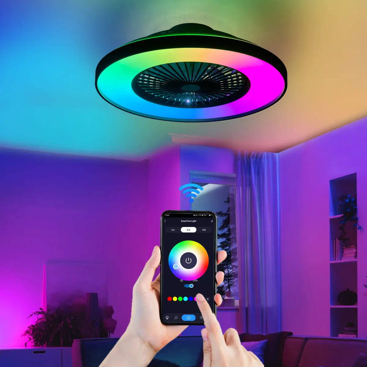 Aobtkel 23 Inch Low Profile Ceiling Fan with Light and Remote, RGB LED Smart Ceiling Fan with APP Control, Dimmable Color Changing Light, 6 Speed Quiet Reversible DC Motor for Bedroom, Living Room