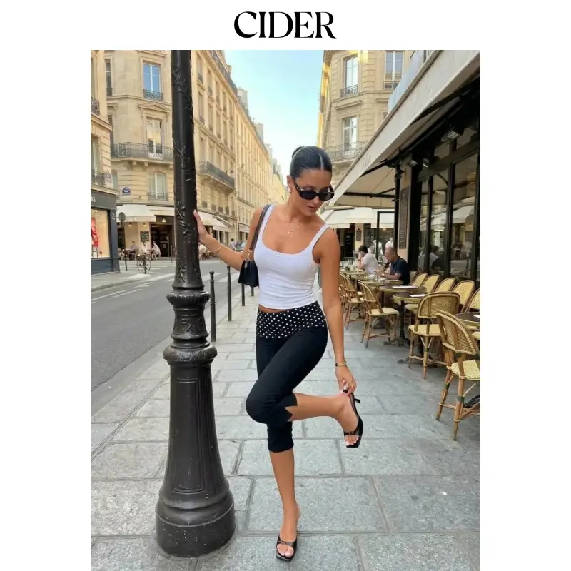 Cider Cotton-blend Low Rise Polka Dot Fold Over Tapered Capri Trousers