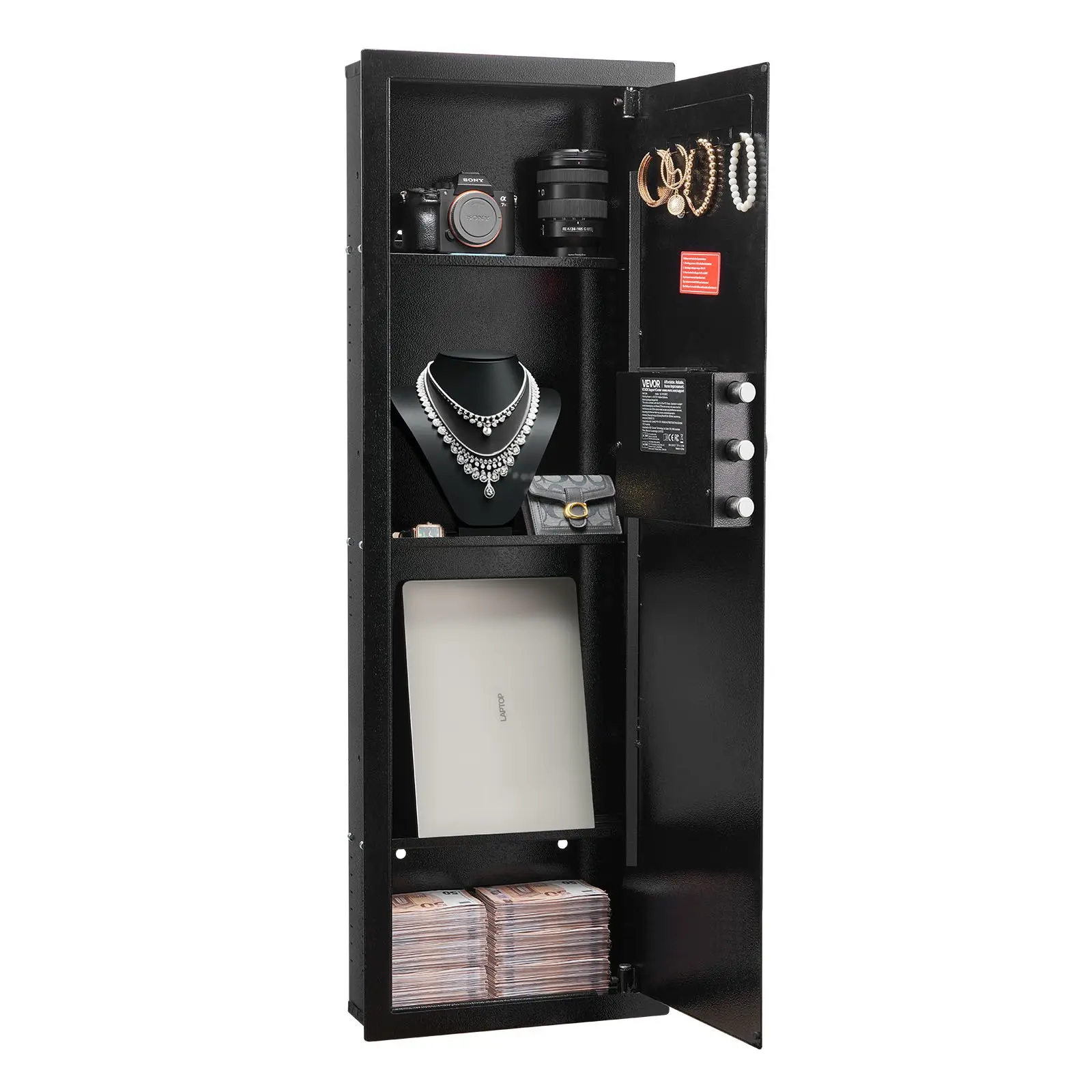 VEVOR Q235 Steel In-Wall Safe Cabinet, Hidden Wall-Mounted Box with Password & Key Lock, Cold-Rolled Construction, LED Lighting, Adjustable Shelves & Key Holders for Money, Jewelry, Passport, Black