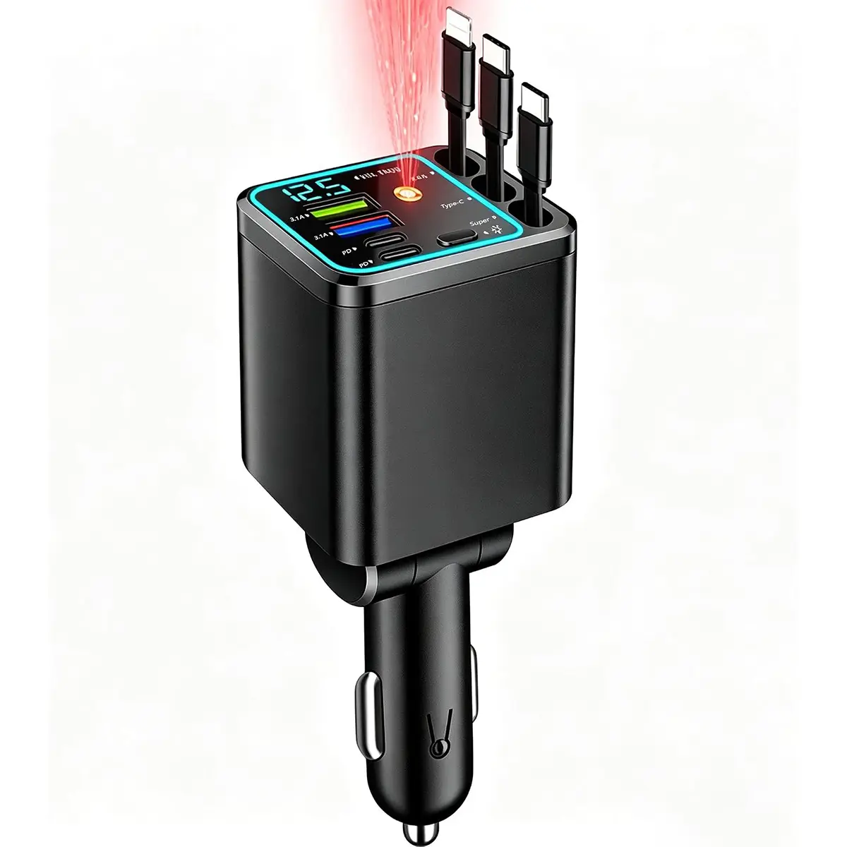 66W USB-A 20W PD Fastcharge Multiports Power Hub with Retractable Dual Type-C Retractcable, Starry Sky Projector, RGB Atmosphere Lamp, Digital Voltage Display, 180° Rotating Charger for Phones Laptops