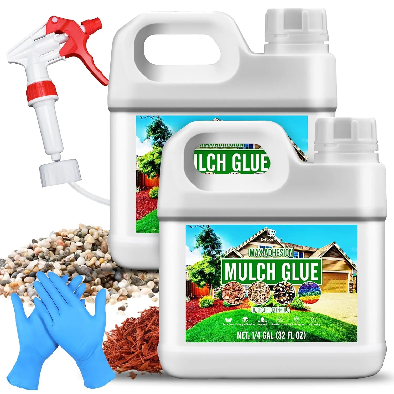 Mulch Glue - 64oz Concentrate Gravel Glue, Mulch Lock Landscape with Applicator for Landscaping Covers, - Ready to Use Non Toxic Pea Gravel Stabilizer for Rock, Bark