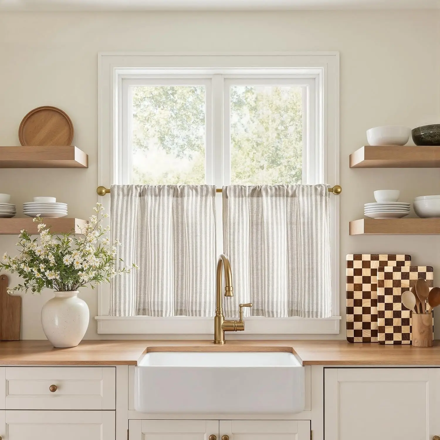 Window Curtain 2-Panel Striped Pattern Linen Blend Farmhouse Cafe Short Length 20in Tier Curtains, Airy Light Filtering Rod Pocket, Taupe Grey for Small Windows, Bathroom