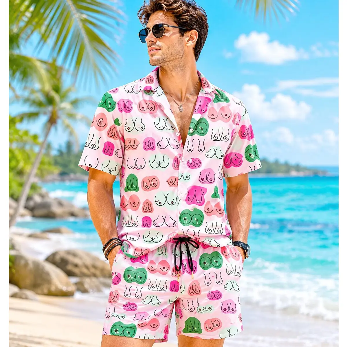 Women's Classic Stylish Casual Short-Sleeve Button-Up Hawaiian Shirt, Funny 3D All-Over Print Garment, Outdoor Summer Vacation Outfit