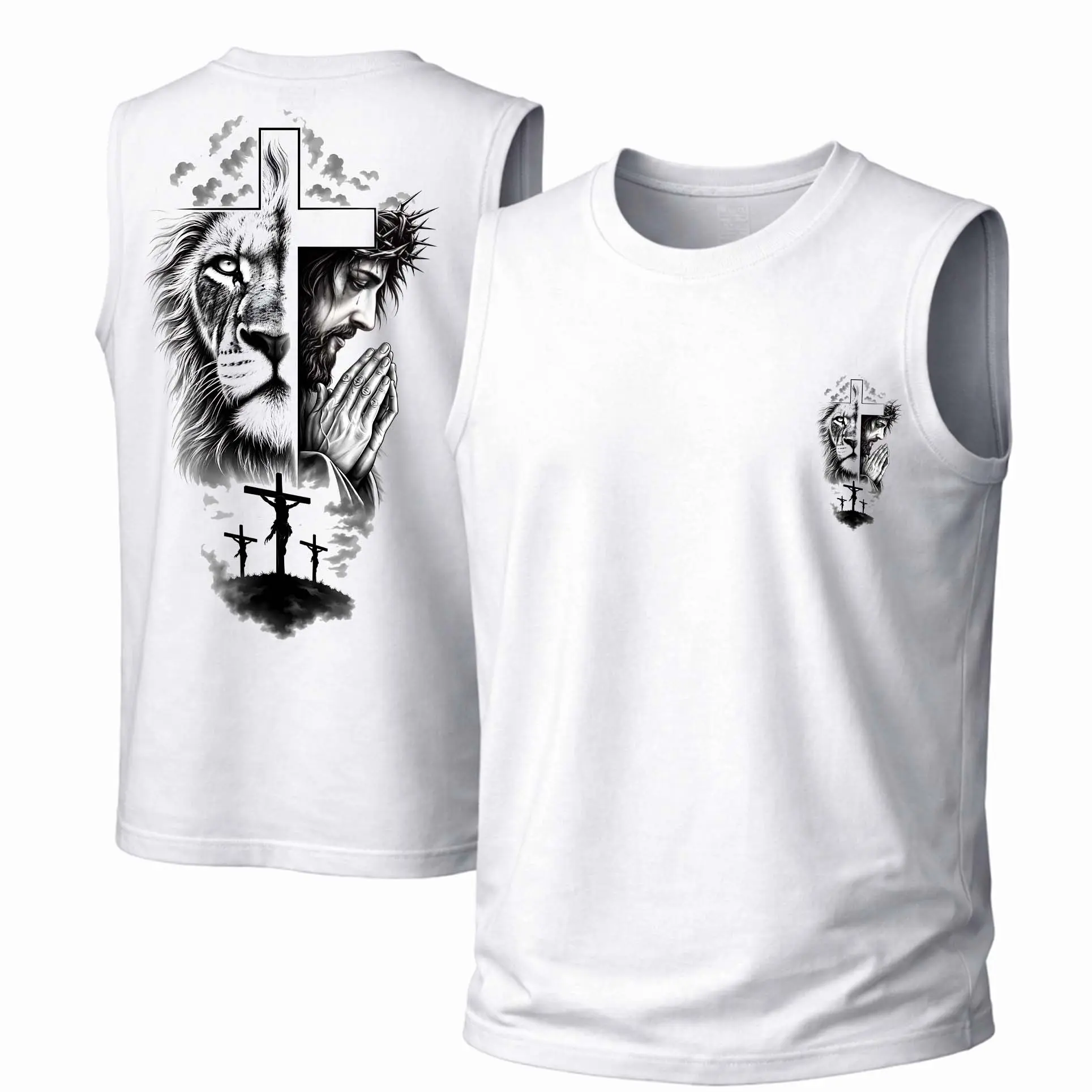 Men's Cotton Sleeveless Tank Top -“The Lion And Jesus” Printed Style. This Is A Casual Item Suitable For Both Men And Women, Especially Perfect For Spring And Summer; The Cool Print And Classic Crew Neck Cut