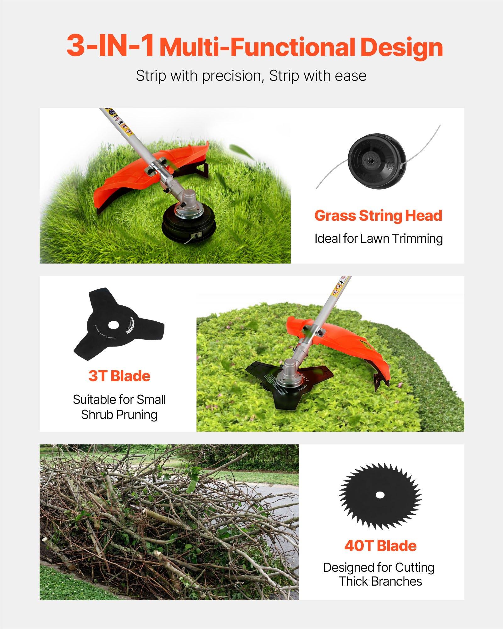 VEVOR Cordless String Trimmer, 52 cc 2-Stroke, Gas Powered Weed Wacker, 17" Cordless Grass Trimmer, Multi-Functional Lawn Edger with Shoulder Strap & 3T Blade, Weed Eater for Quick Grass Cleaning