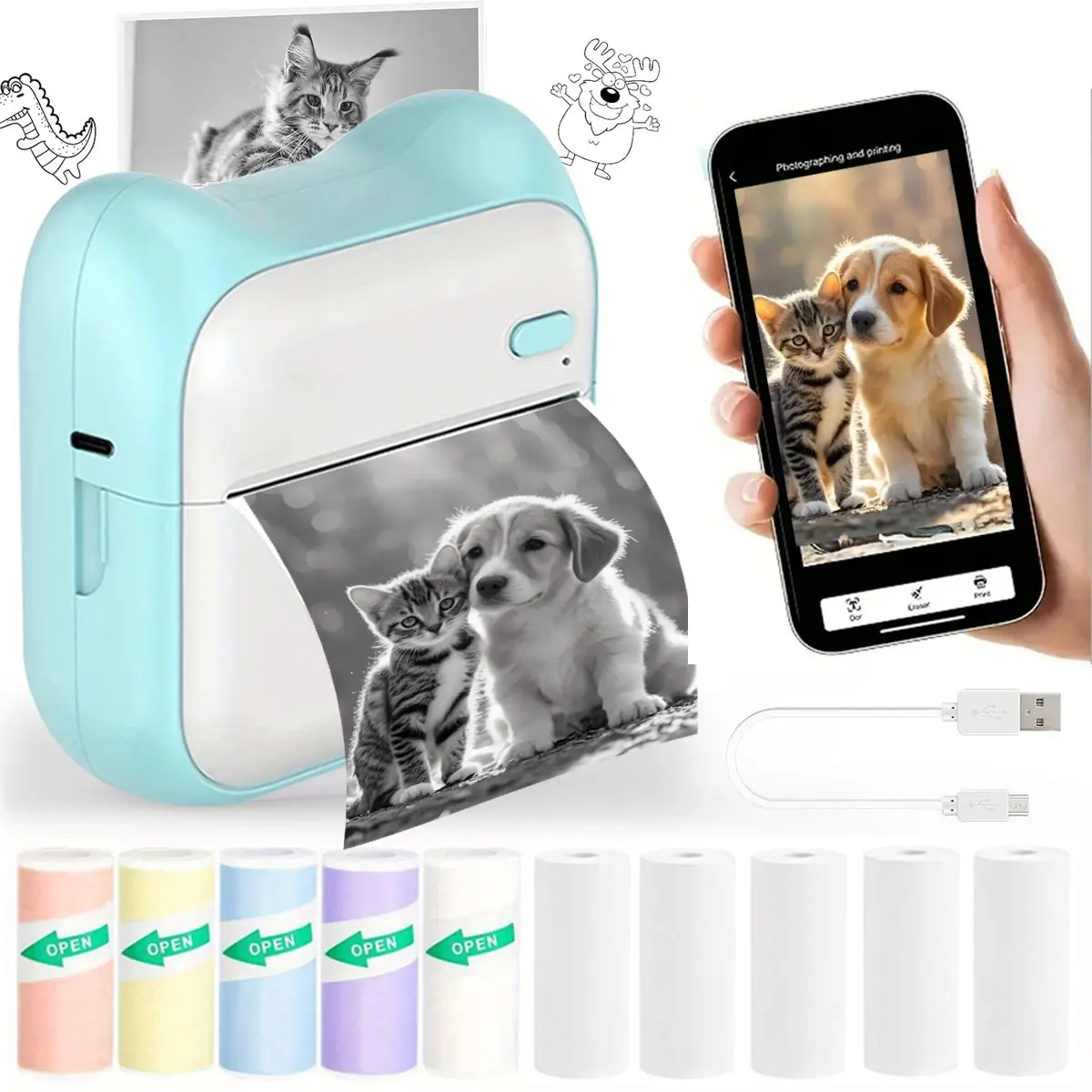 Thermal Mini Printer, Portable Inkless Sticker Maker, 10 Rolls Paper, 203dpi, USB/battery Powered, Compatible with iOS and Android