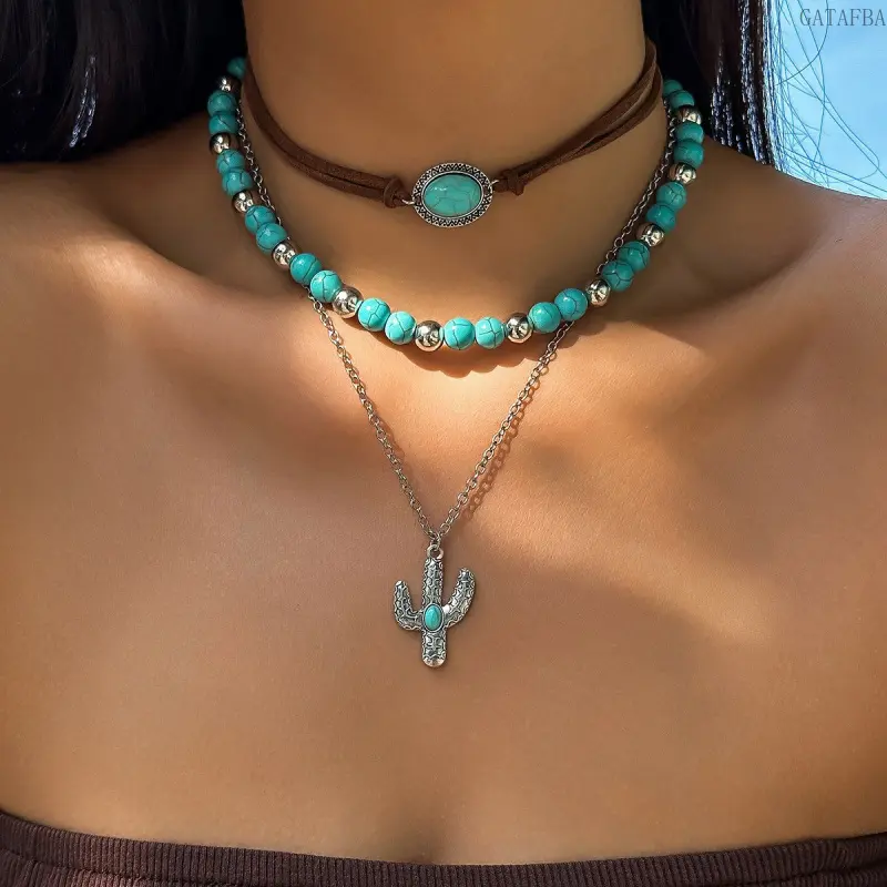 Vintage Ethnic Cactus Pendant Necklace, Faux Turquoise Beaded Jewelry Set for Women