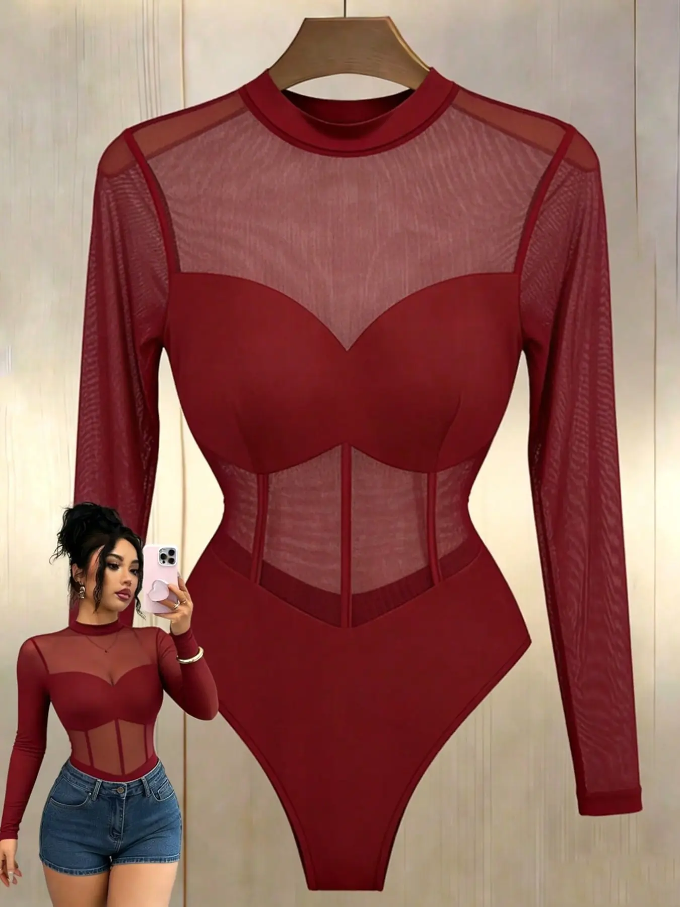 New Women's Stand Collar Mesh Sheer Patchwork Knit Long Sleeve Bodysuit, Sexy Elegant Design, Perfect for Beach and Summer Parties