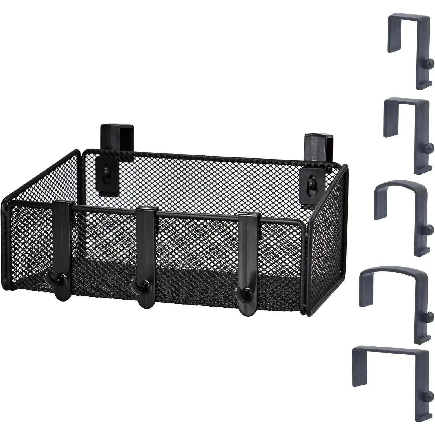 Bedside Caddy Shelf Hanging Storage Basket for Bunk Bed, Office Cubical Walls, Baby Rails, College Dorm Organizer - 5 Pairs Sized Hooks for Phone, Glass, Magazine, Decor (Black)