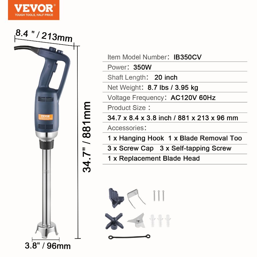 VEVOR Commercial Immersion Blender, 350W Heavy Duty Hand Mixer, 20 inch Stepless Variable Speed Mixer with Stainless Steel Blade, Multi-Purpose Portable Mixer for Soup, Sauces, Mashed Potatoes, Cream