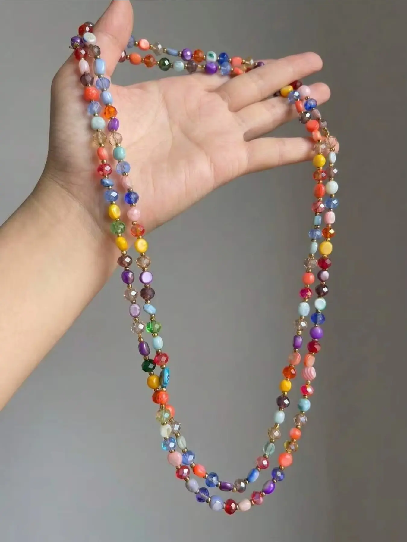 Bohemian Ethnic Style Colorful Artificial Crystal Handmade Beaded Long Necklace, Layerable Pendant Necklaces for Women, Unique Party Jewelry, Stackable Necklace, Boho Necklace