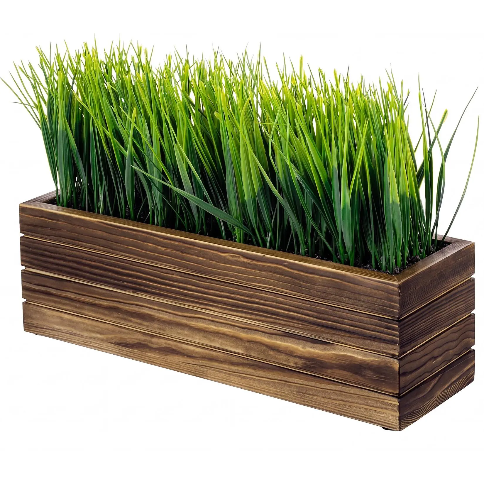 Realistic Faux Grass Plant - Compact Rectangular Black Wooden Box Planter, Nature-Infused Farmhouse Room Decor, Rustic Artificial Greenery for Windowsill Display