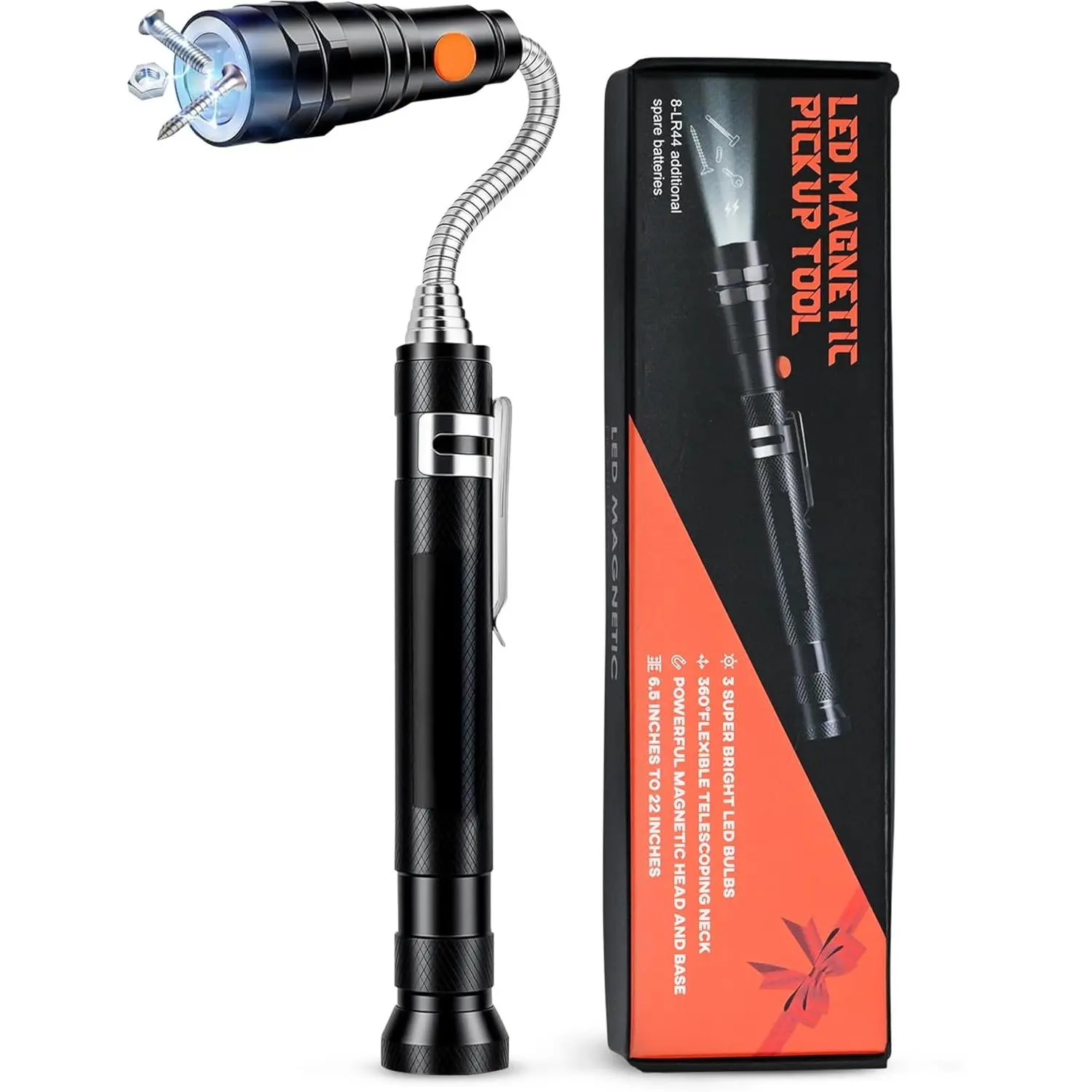 Upgraded LED Telescoping Magnetic Pickup Tool, Dual Magnetic Heads Bendable Neck Magnet Stick, Handy Repair Tool, Christmas Gift for Men, 1 Pack