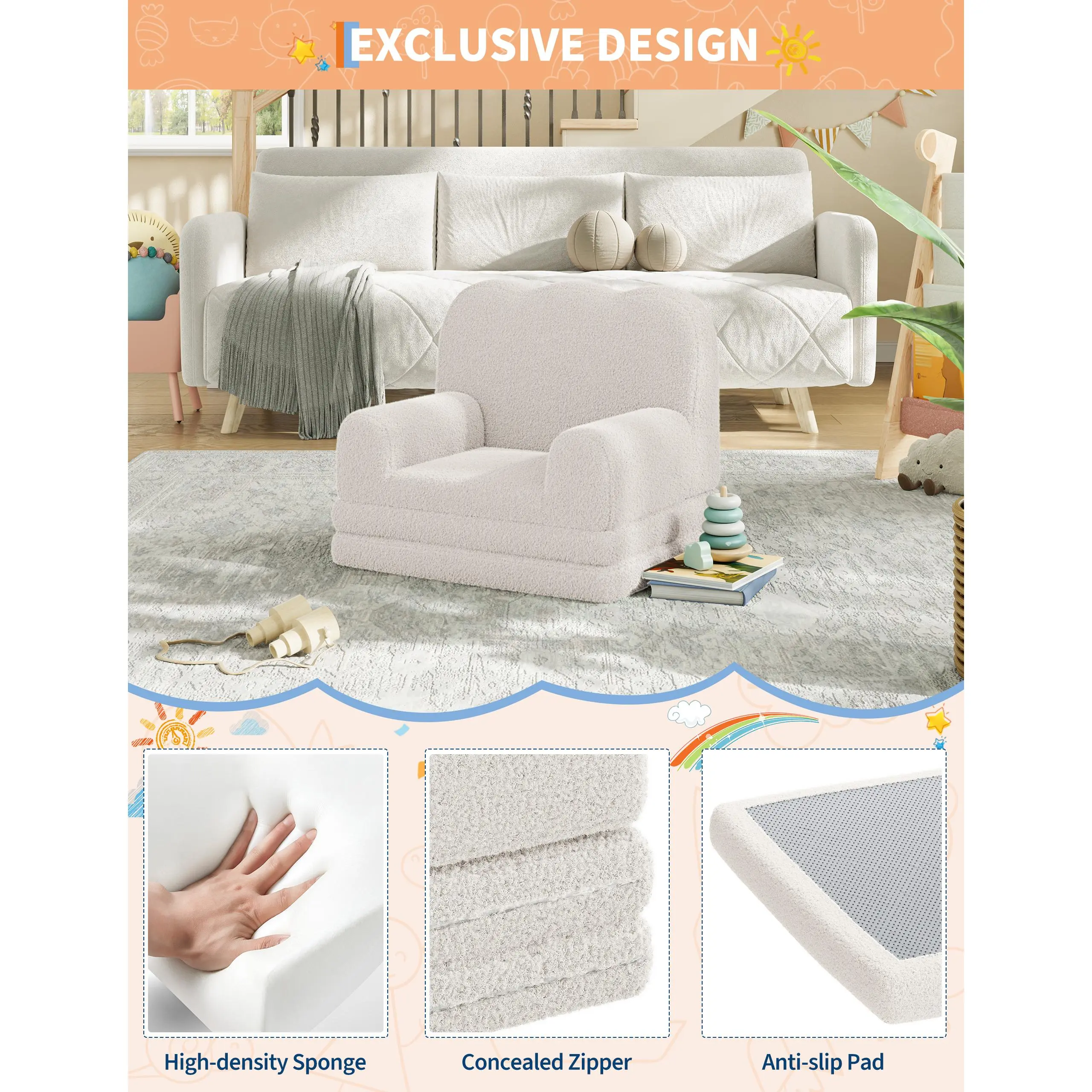 Convertible Kids Sofa Bed with Soft Fleece and Sherpa Fabric, Fold Out Toddler Lounger for Playroom Nursery, Comfortable Floor Seating and Foam Cushion