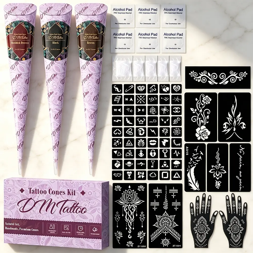Ins Viral Purple Tube Henna Tattoo Gift Box, Arm Temporary Tattoos, Draw Mandala Feather Floral Pattern On Hand Arm, Natural Herbal Mild Non-irritating Formula, Hollow Stencils Included Zero Skill DIY Long Last Temporary Body Ink Henna Cones
