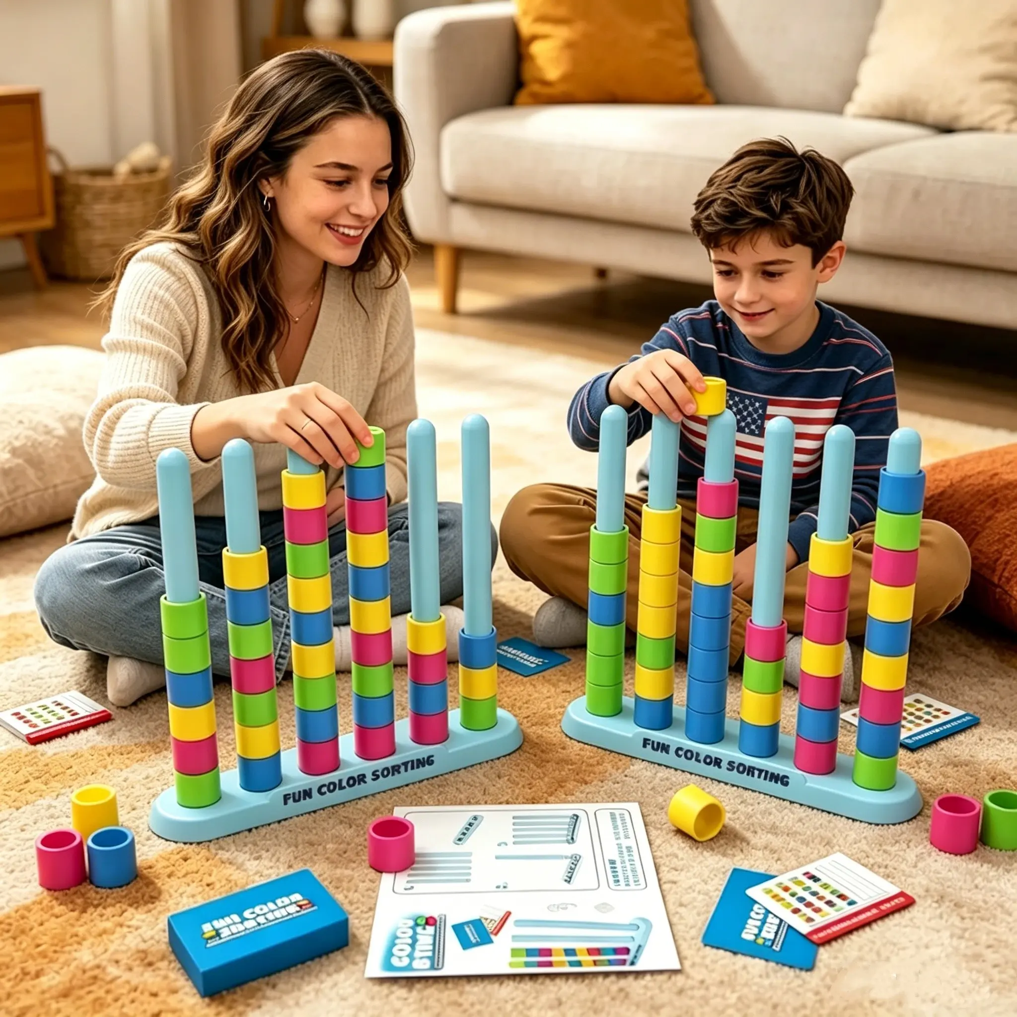 Color Stacking Challenge Board Game, Color Matching Puzzle Game with 50 Puzzles, 2 Stack Racks, & 80 Rings, Fast-Paced Stem Color Sorting Toy, Family Fun Game, Ideal for Kids and Family Parties.