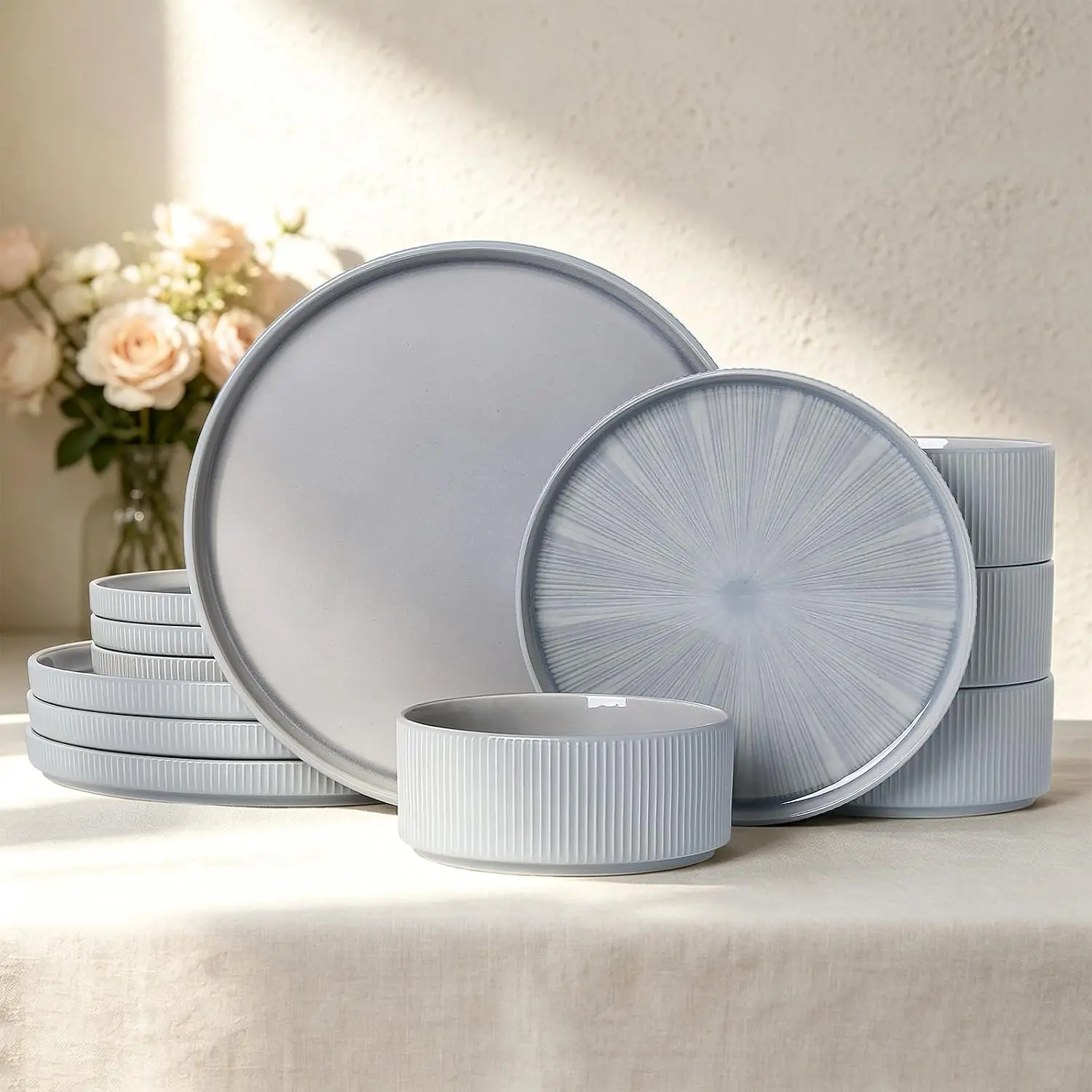 Stoneware Dinnerware Sets for 4, 12- Plates and Bowls Set, Smoky Blue |  Inkjet Printing Ceramic Dishes, Modern Minimalist Tableware, Scratch Resistant, Microwave and Dishwasher Safe