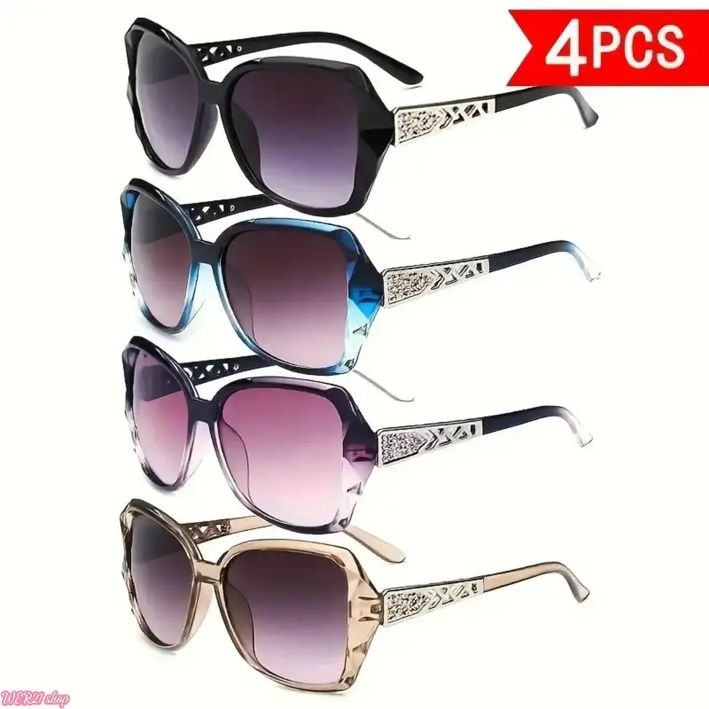 2026Summer Sun Protection Glasses 4-Piece Set | Y2K Classic Retro Large Frame with Hollow Temple Design | Trendy, Elegant & Fashionable Eyewear for Beach, Travel & Outdoor Fashion