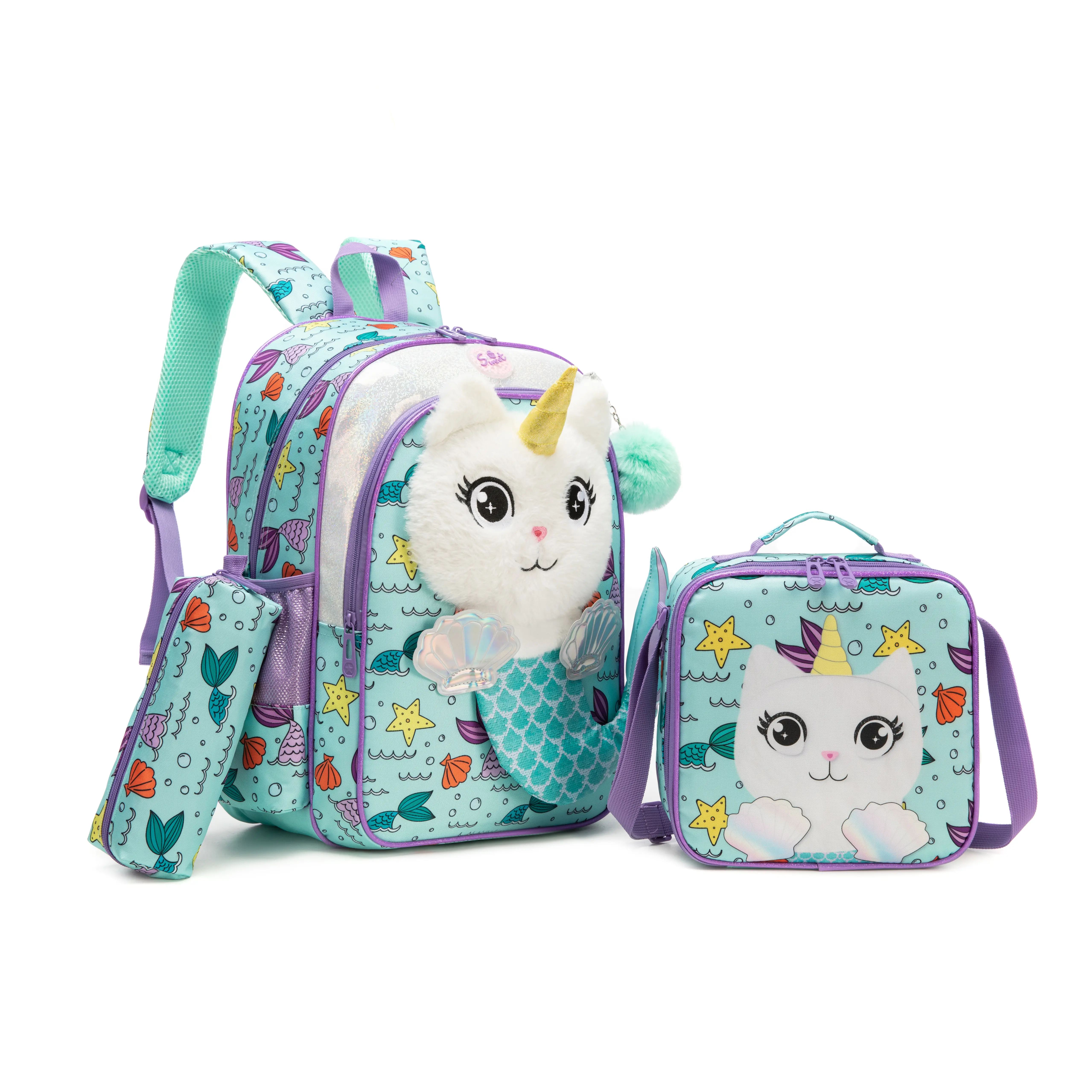 Girls' Mermaid Caticorn 3PCS School Set - Nylon Fabric Backpacks for School, Chic Look Plush Unicorn Cat Backpack, Lunch Bag & Pencil Case with Sea Shell Print