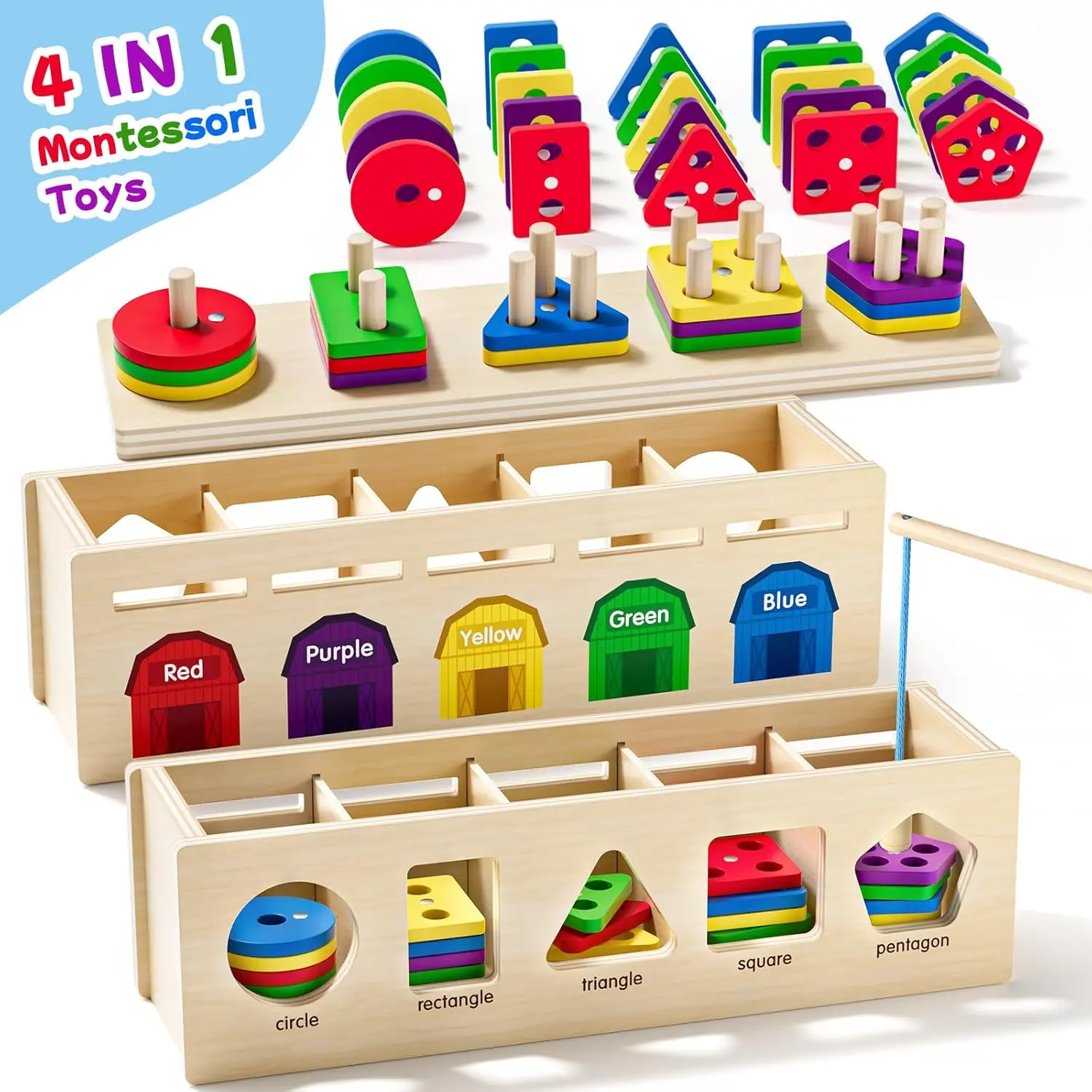 Montessori 4 in 1 Wooden Sorting Shape Sorter and Stacking Toy Box Color Matching Counting Fishing Game Preschool Educational Toys for 3 Years Boys and Girls Giftsfidget toys