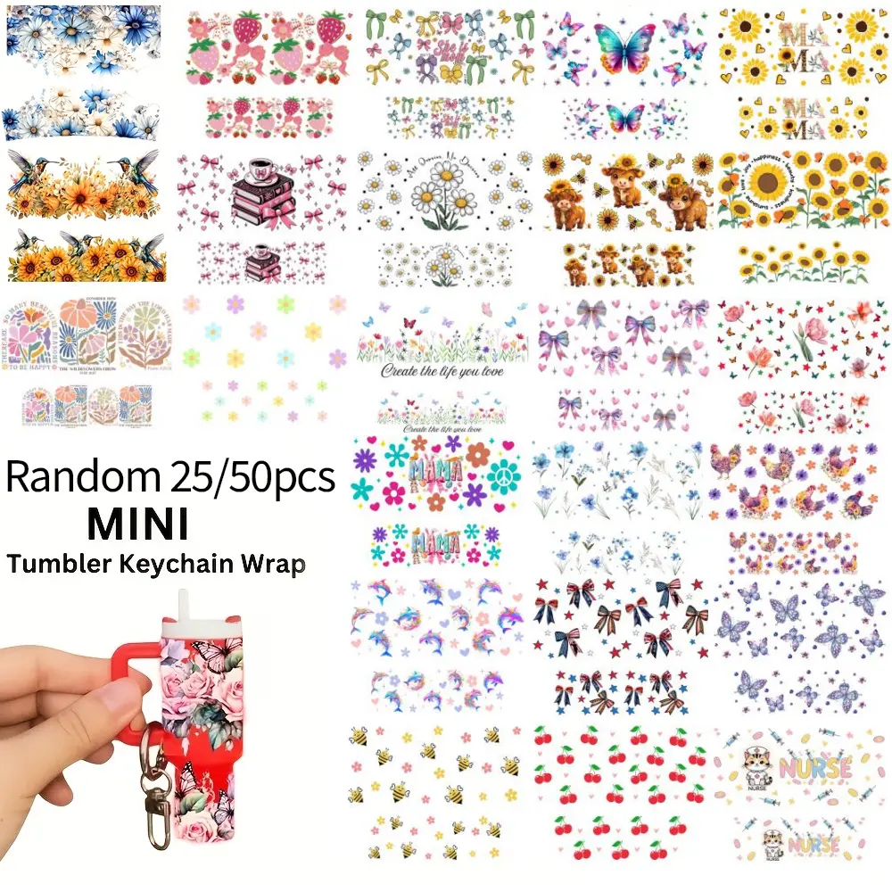 UV DTF Print Mini Keychain Wraps, 25/50-Pack Mixed Styles, Waterproof Durable Decals for Mini Tumblers, Unisex DIY Fashion Accessory Gifts