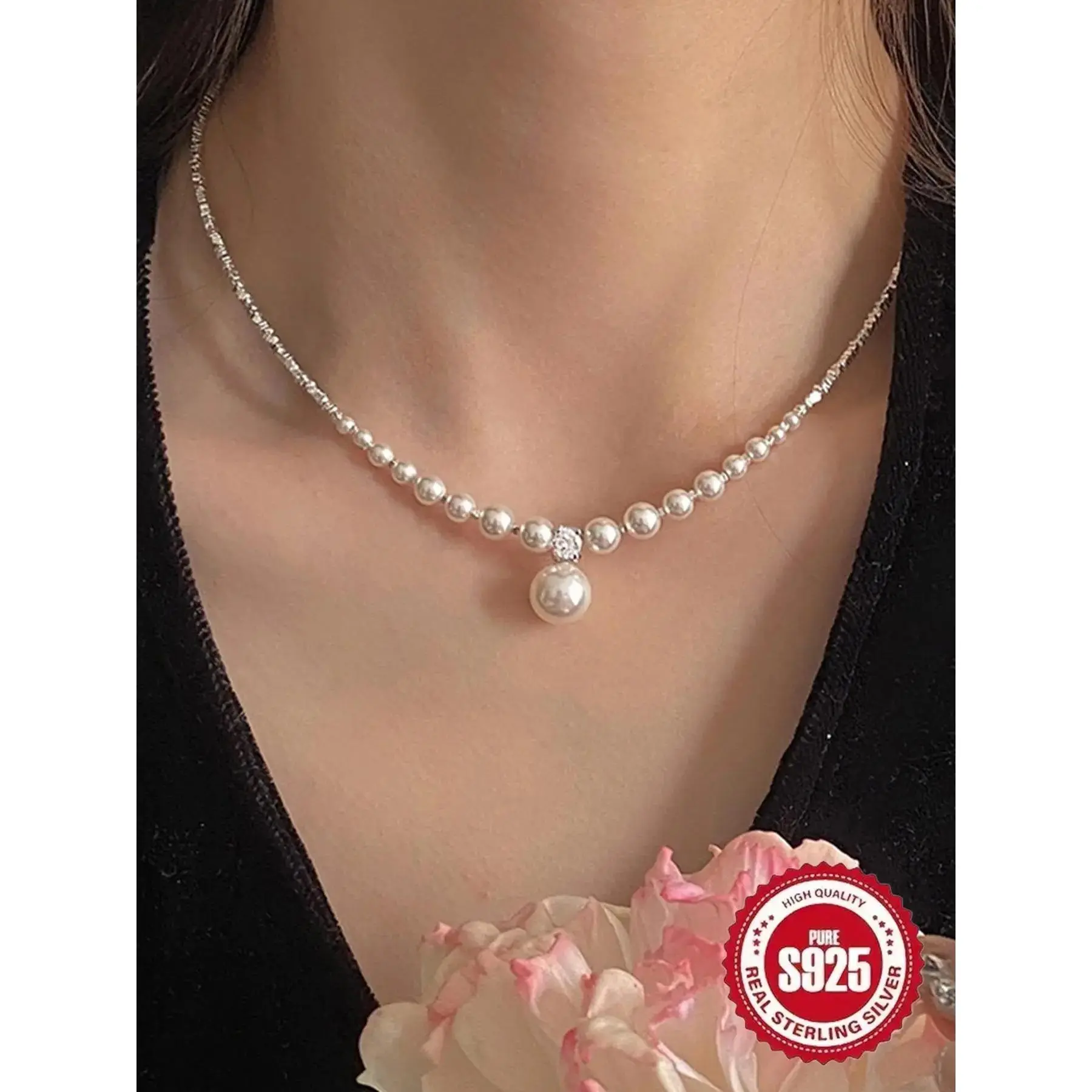 Minimalist creative broken silver pearl necklace, women's high-end high-quality jewelry, anti-allergy, gift box for girlfriend's birthday and birthday anniversary