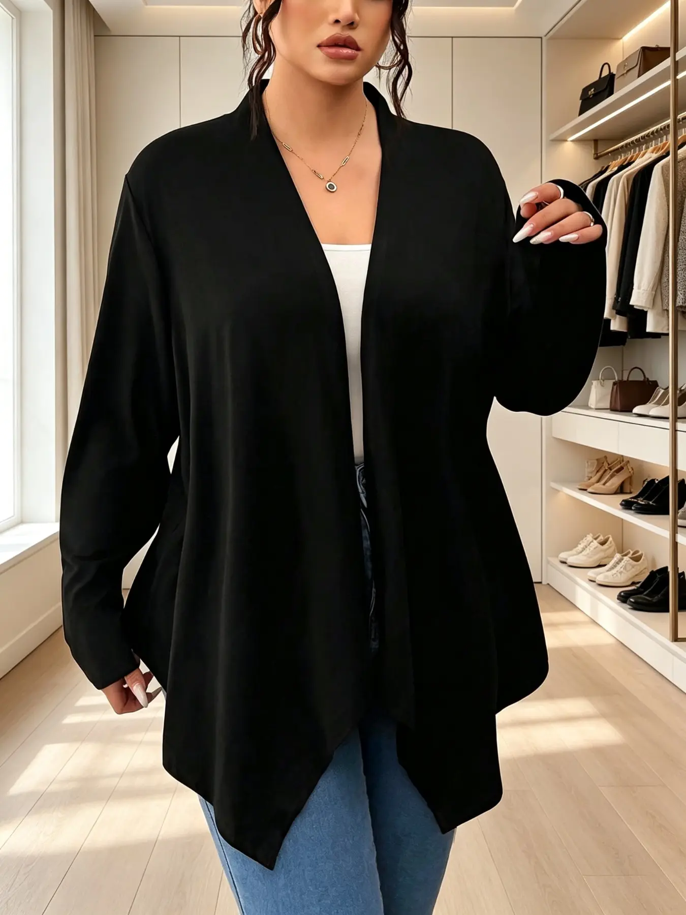 Solid Color V Neck Knit Cardigan, Loose-Fitting Drop Shoulder Design, Asymmetrical, Casual Fall Outerwear for Women, Plain Surface Style Knitwear