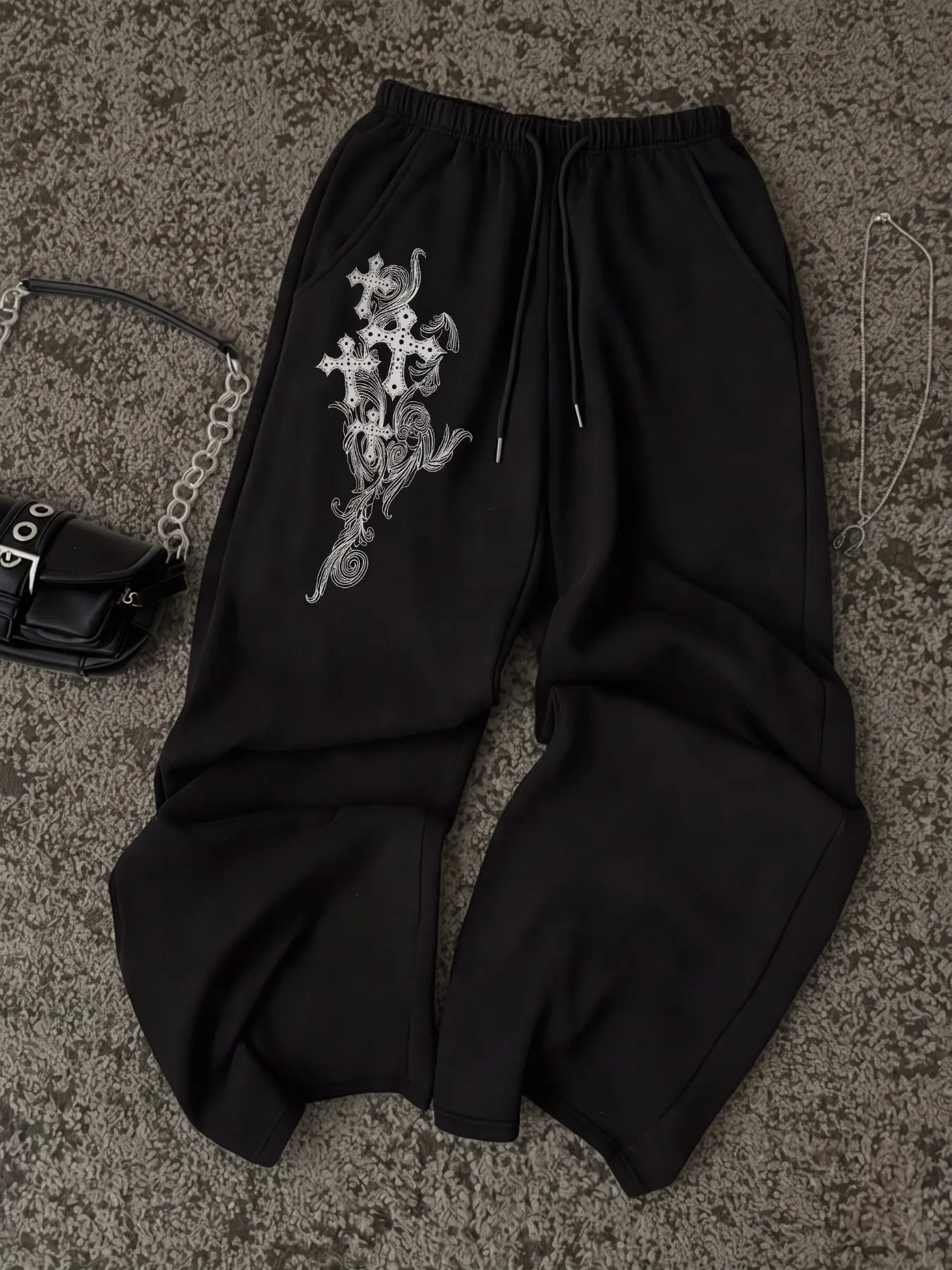 Women Gothic Hot Girl Full Length Draped Sweatpants All Black Vintage Swirl Wing Cross Print Drawstring Relaxed Fit Casual Baggy Daily Single Pants