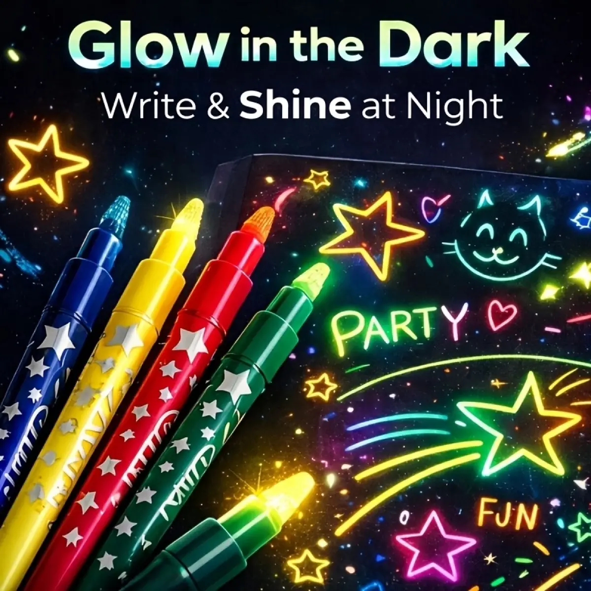6-pack of glow-in-the-dark highlighters, neon highlighters, and glow-in-the-dark pen markers, suitable for drawing, diary making, poster making, crafts, scrapbooking, and art supplies.