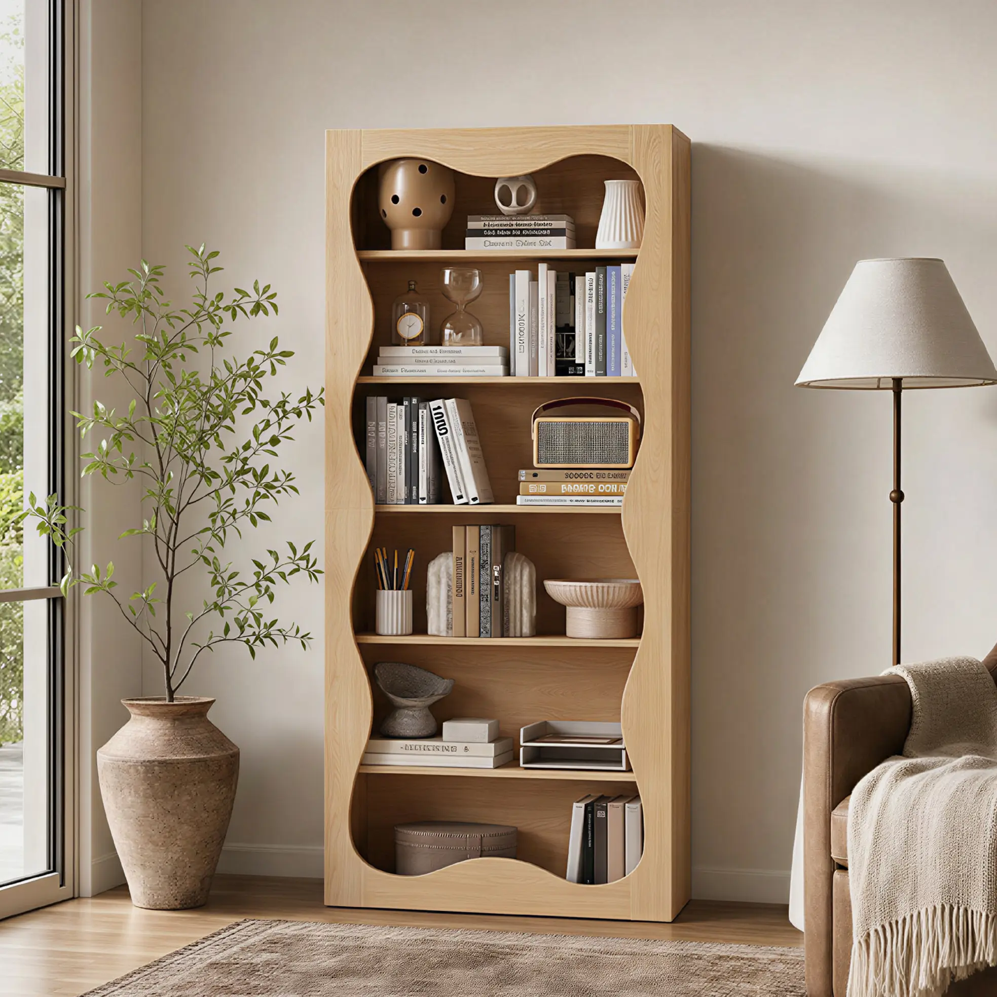 6-Tier Modern Bookshelf – Wavy Scalloped Edge, Freestanding – Large Open Display Storage for Home, Living Room, Bedroom, Library