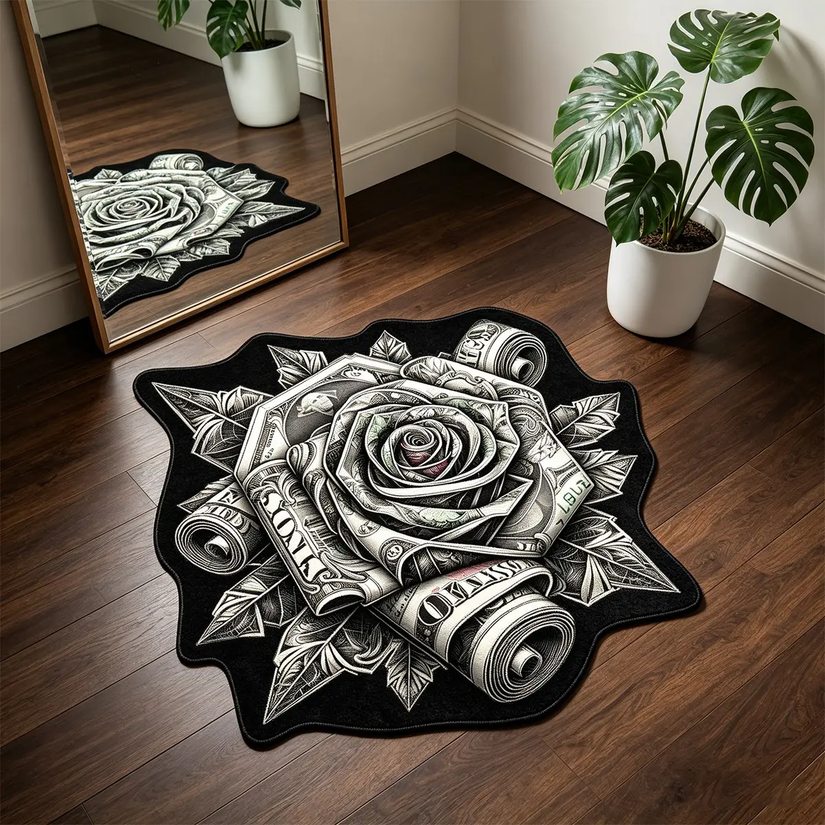 Irregular Rug, Dollar Rose Bedroom Carpet, American Style Home Decor, Birthday Gift, Suitable for Bedroom, Living Room, Study, Closet, Kitchen, Dollar Pattern Rug