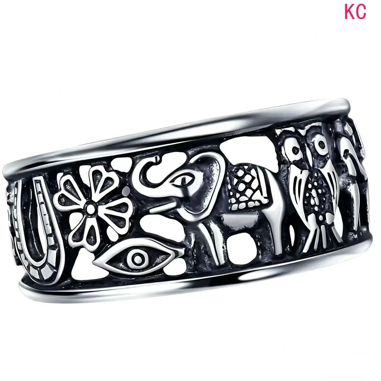 Vintage Blackened Engraved Ring With Elephant, Owl, Horseshoe And Floral Patterns, Unique Finger Jewelry For Daily Fashion Matching