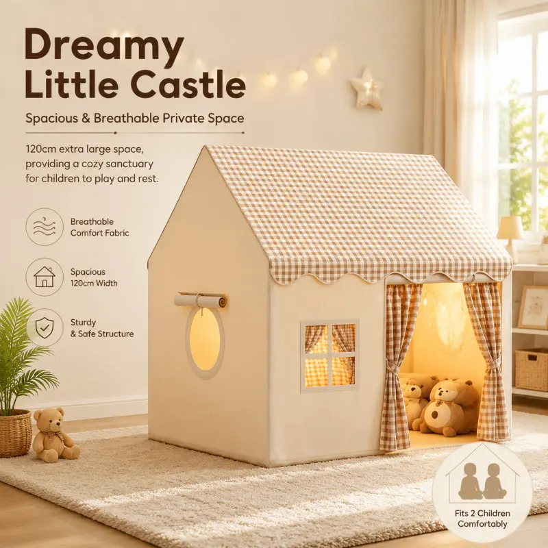Large Game House Tent Breathable Plaid Fabric Indoor, Play Castle Spacious Private Play Space, Kids Fun Activity Area, Pretend Play Tent, Tent Playhouse