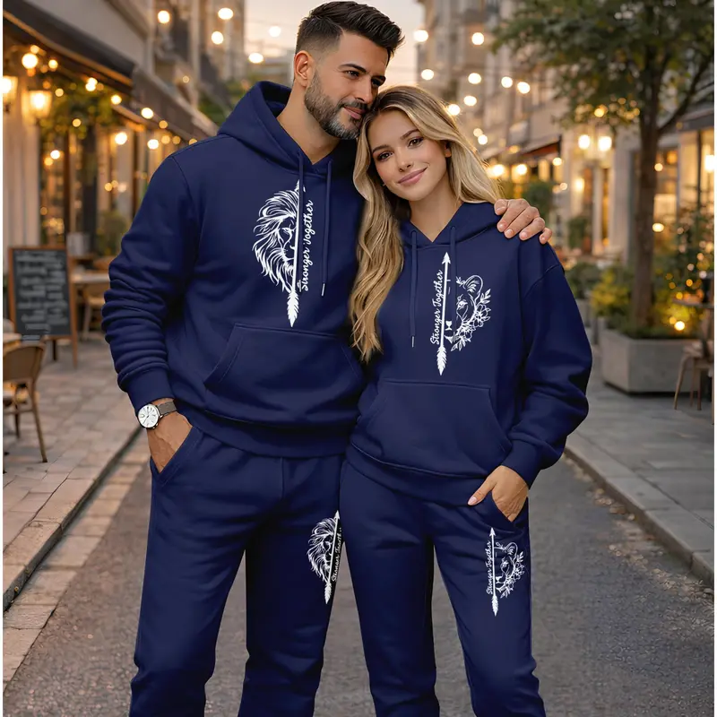 Couple's Stronger Together Print Hooded Sweatshirt and Drawstring Sweatpants Set, Casual Sportswear, Long-Sleeve Hooded Jacket and Pants, Suitable for Autumn and Winter, Everyday Wear, Tracksuit, Casual Athletic Wear
