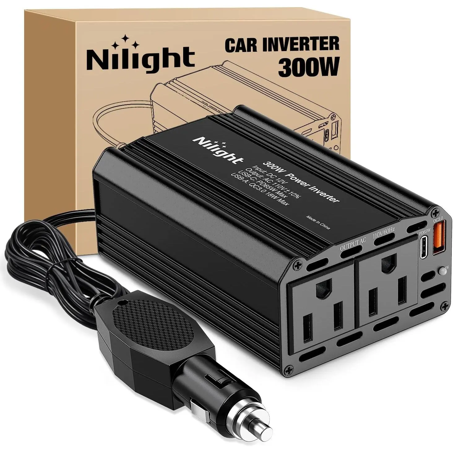 Nilight 12V DC to 110V AC 300W Metal Housing Multi-Port Car Power Inverter Charger - AC Outlet, 65W PD Type C, QC3.0 USB Port, Cooling Fan, Double Protection, Black (Christmas Gift for Phones, Laptops, Audio & Video Accessories), Multi-Port Car Charger Au
