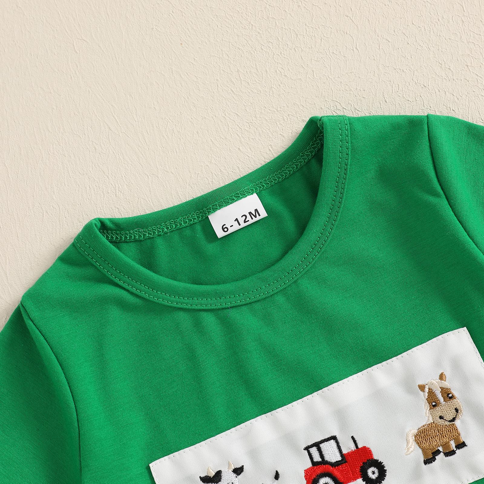 Toddler Baby Boy Summer Outfit Animal Embroidery Round Neck Short Sleeve Top Stripe Shorts Casual 2pcs Set Summer Clothes