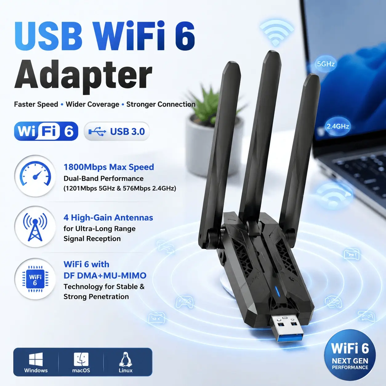 USB WiFi 6 Adapter for PC Desktop Laptop 1800Mbps High Speed Wireless Network Dongle Dual Band 4 Antennas Long Range Stable Signal Dual Network Card Plug and Play Upgrade