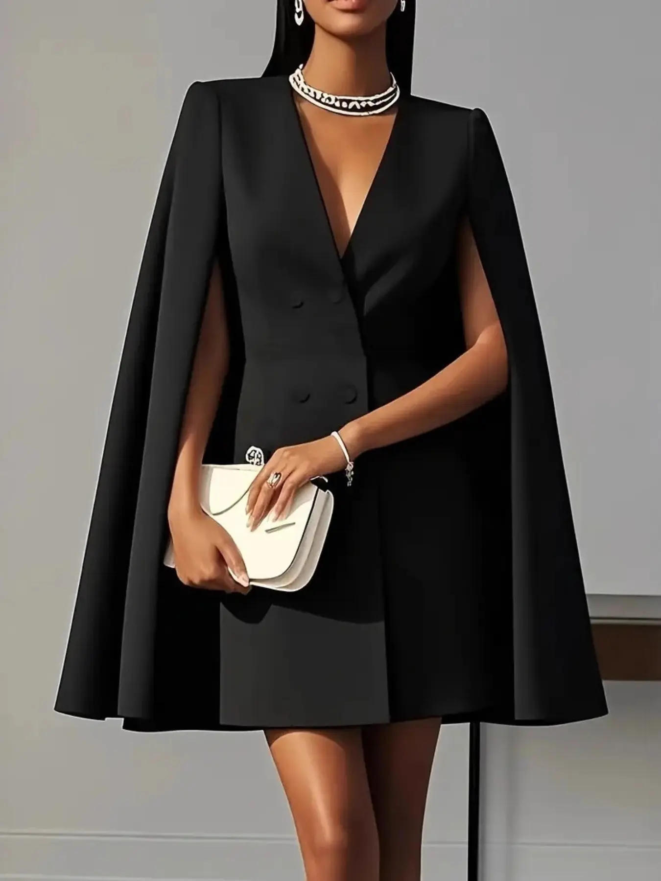 Women's Blazer Cape Dress, V-Neck Double Breasted Mini Dress, Elegant Chic Formal Party Dress with Cape Sleeves, 4 Colors Available