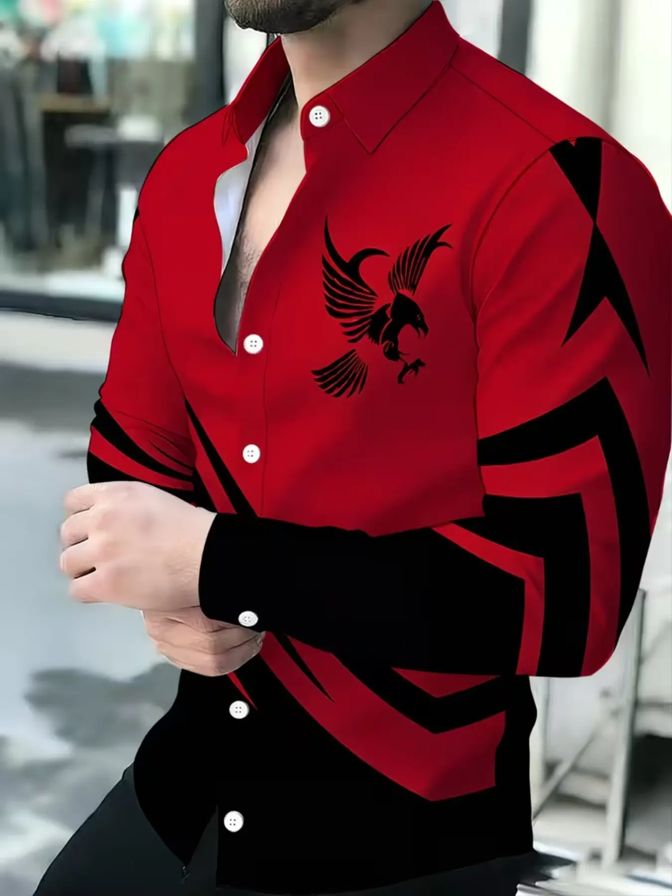 Eagle Pattern Men's Long Sleeve Shirt, Casual Fashion Patchwork Design, Lightweight Breathable Trendy Top, Slim-Fitting Graphic Shirt, Casual Streetwear Style, Casual Summer Streetwear