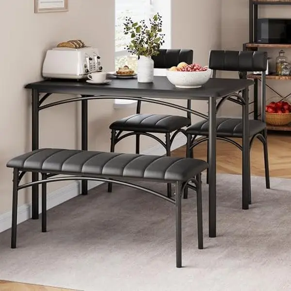 GARVEEDining Table Set for 4, Rectangular, Upholstered Bench & Chairs, MDF Board & Steel, Space-Saving, Easy to Assemble, Small Spaces