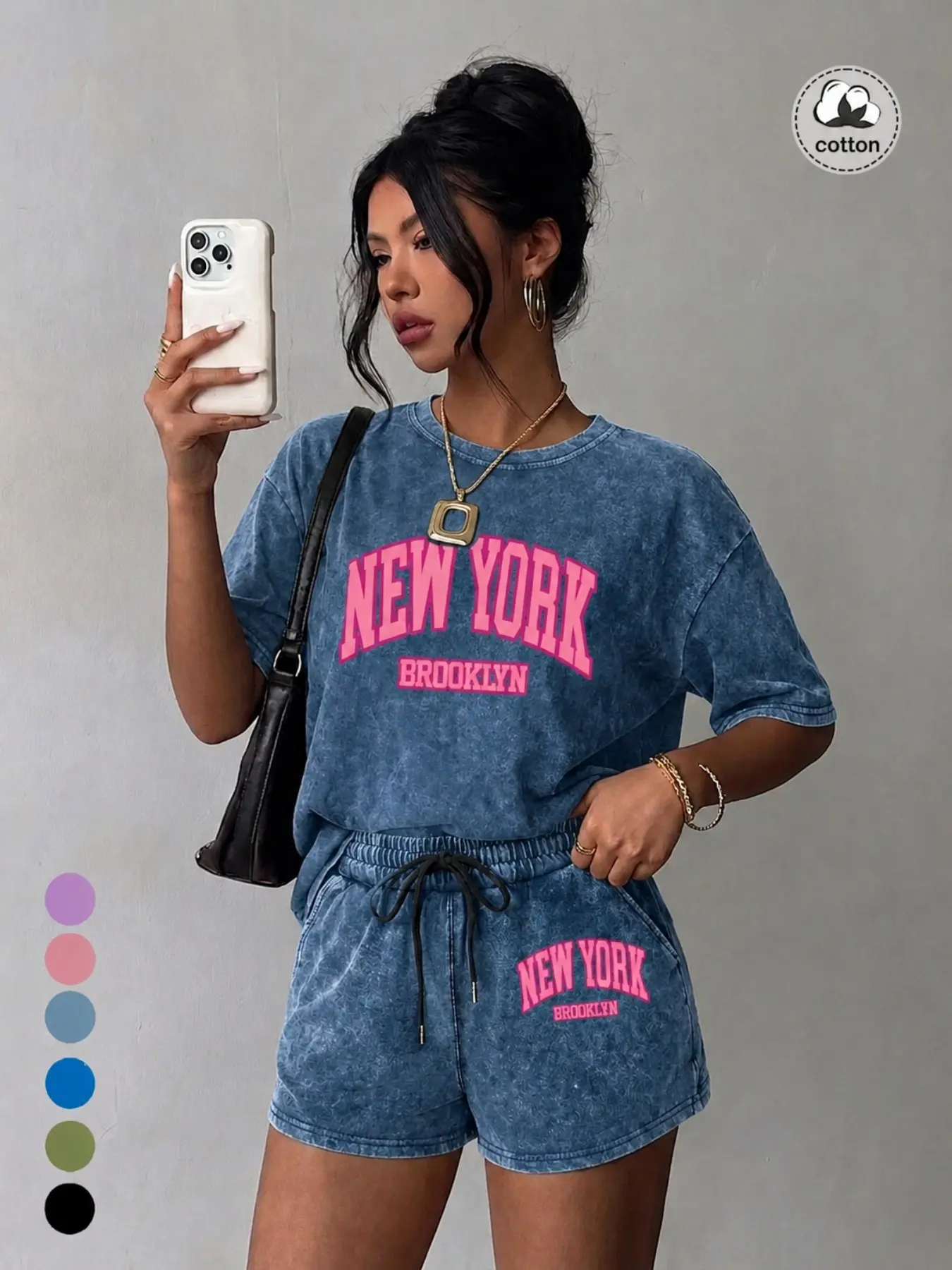 2-Piece Color-Blocked Pink Lettering New York English Print Vintage Distressed Wash Set, Women's Heavyweight 100% Cotton, Elastic Drawstring Shorts, Basic and Versatile, Perfect for a Lazy Summer Look with White Sneakers.