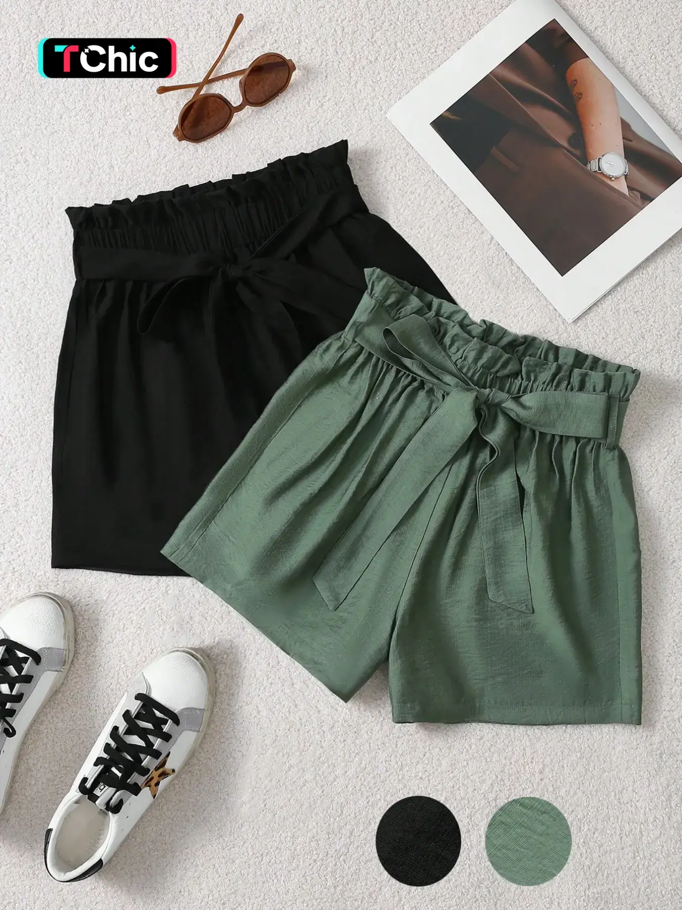 2-Pack Solid Color Casual High-Waisted Paper Bag Shorts Bottoms, Tie-Belt Design, Perfect for Commuting and Vacation, Comfortable and Stylish
