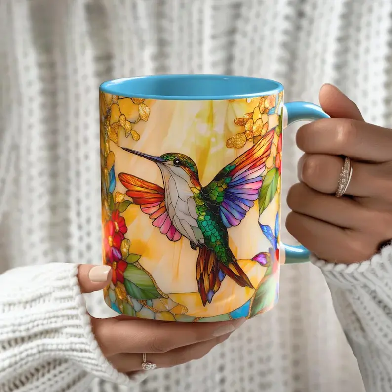 Stained Glass Style Hummingbird Mug,Bohemian Floral Coffee Cup,Vibrant Iridescent Hummingbird Botanical Ceramic Drinkware,Multicolored Stained Glass Bird Wildflower Graphic 2D Mug,Cozy Boho Cottagecore Morning Herbal Tea Cup