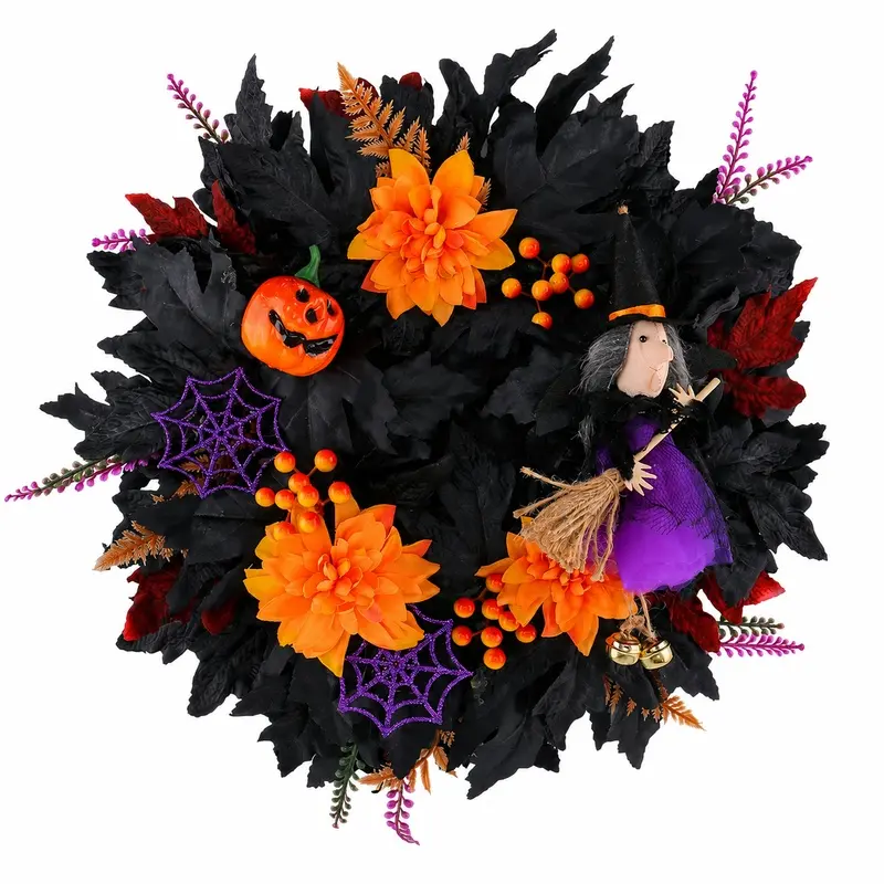 Halloween Witch-themed wreath - black leaves and orange flowers - door decoration - creative festive accessory Festival Decorations